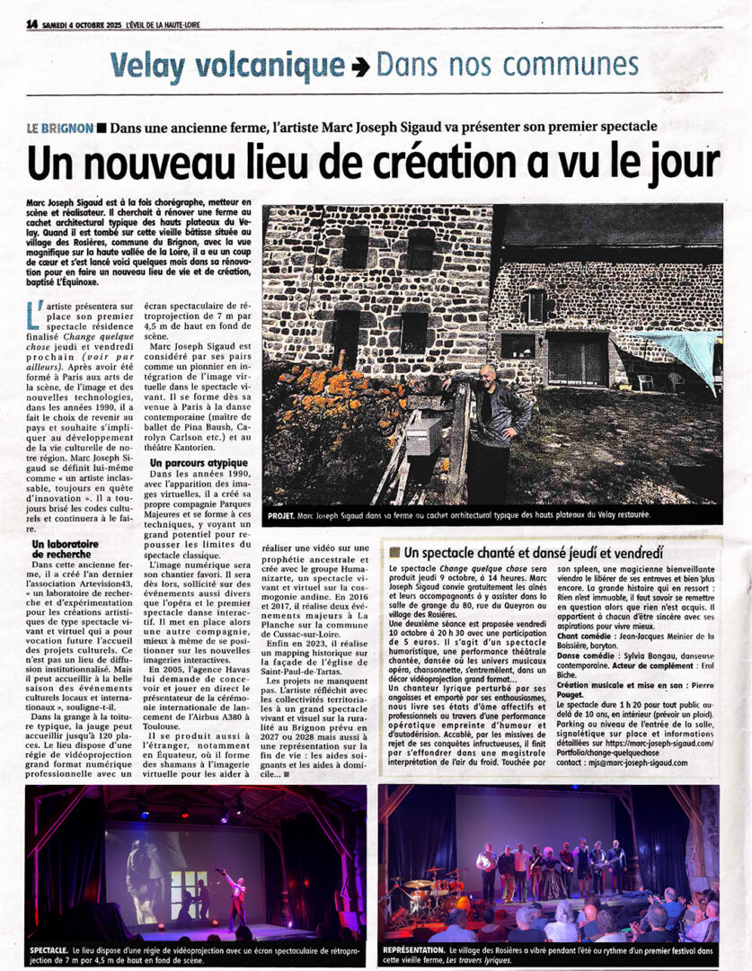 L'equinoxe43 nouveau lieu de résidence de création Marc Joseph SIGAUD